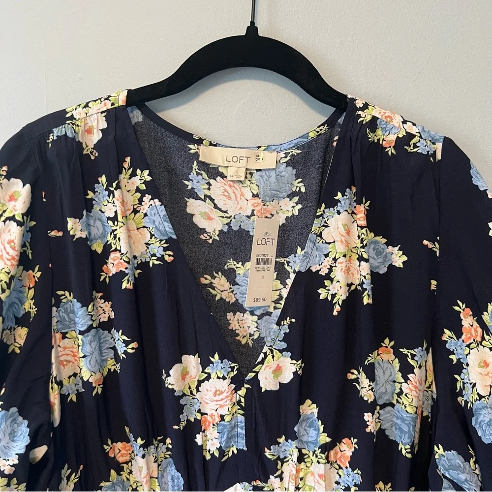 Loft Floral V-Neck Short Sleeve Dress NWT Size 14